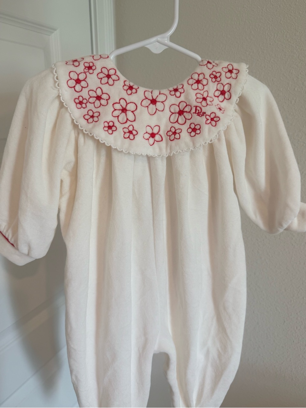 Baby Dior Cream Baby Romper with Red Floral Embroidered Collar